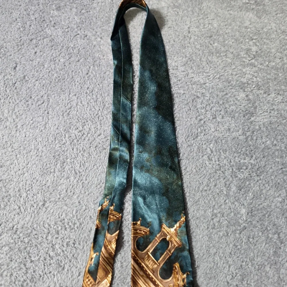 Anne Klein Men OS Silk Necktie Teal Gold Architectural Graphic Made in Italy NWT